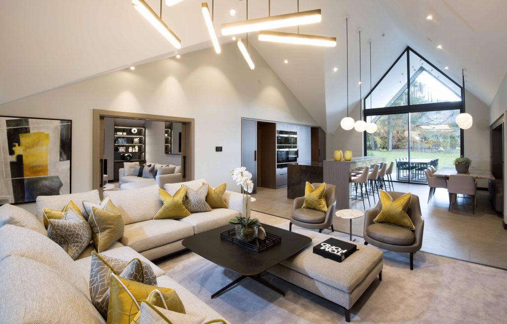 Living room with smart lighting.