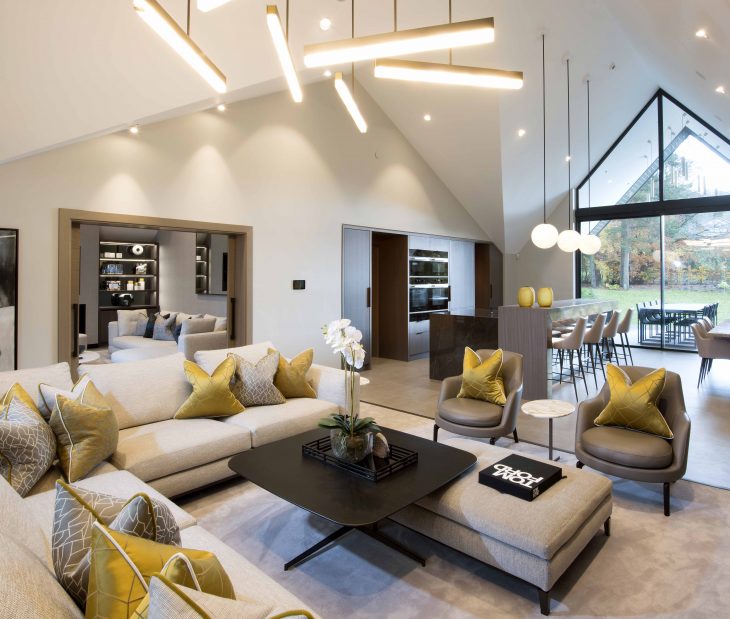 Living room with smart lighting.